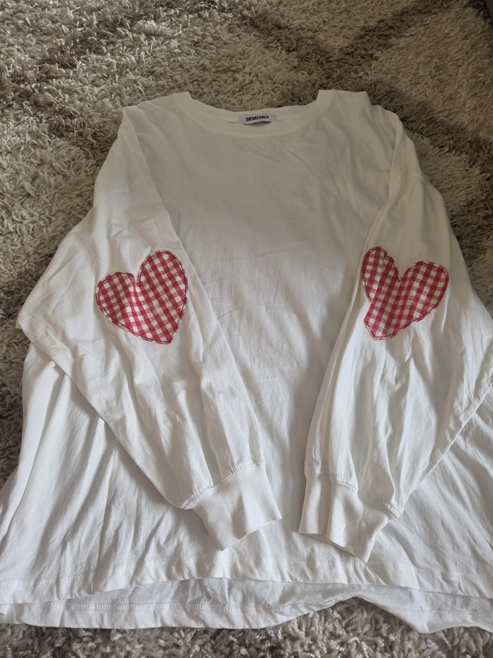Daydreamer White Long-Sleeve Top with Red Gingham Heart Elbow Patches